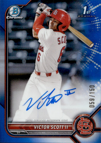 2022 Victor Scott II Bowman Chrome Draft 1ST BOWMAN BLUE REFRACTOR AUTO 059/150 AUTOGRAPH #CDAVS St. Louis Cardinals