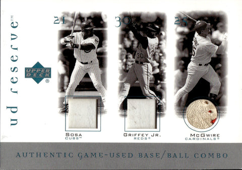 2001 Sammy Sosa Mark Mcgwire Ken Griffey Jr. UD Reserve BALL BASE TRIOS TRIPLE RELIC Cubs Cardinals Reds B-SGM