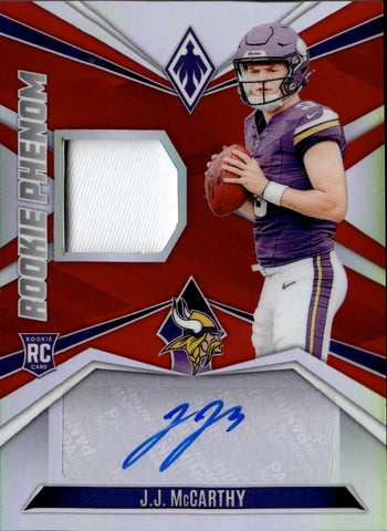 2024 J.J. McCarthy Panini Phoenix RED ROOKIE PHENOM PATCH AUTO 92/99 AUTOGRAPH RELIC RC#RPJA-JMY Minnesota Vikings
