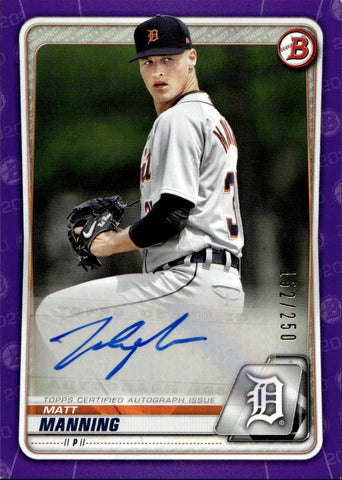 2020 Matt Manning Bowman PURPLE PROSPECT AUTO 152/250 AUTOGRAPH #PA-MM Detroit Tigers