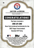 2023 Jacob deGrom Topps Transcendent VIP Party 1/1 ONE OF ONE #78 Texas Rangers