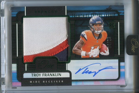 2024 Troy Franklin Panini One GREEN ROOKIE FRANCHISE FUTURE FABRICS JUMBO PATCH AUTO 04/25 AUTOGRAPH RELIC RC #84 Denver Broncos