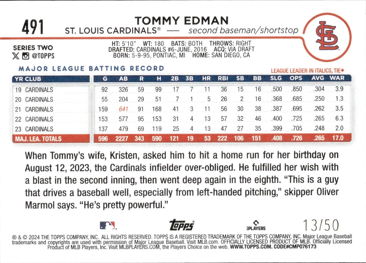 2024 Tommy Edman Topps Series 2 RED BORDER 13/50 #491 St. Louis Cardin