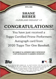 2020 Shane Bieber Topps Tier One PRIME PERFORMERS BRONZE INK AUTO 25/25 AUTOGRAPH #PPA-SBI Cleveland Indians