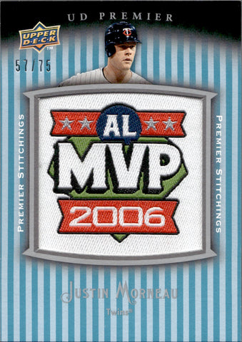 2008 Justin Morneau Upper Deck Premier PREMIER STITCHINGS MANUFACTURED PATCH 57/75 #PSTI-JU Minnesota Twins