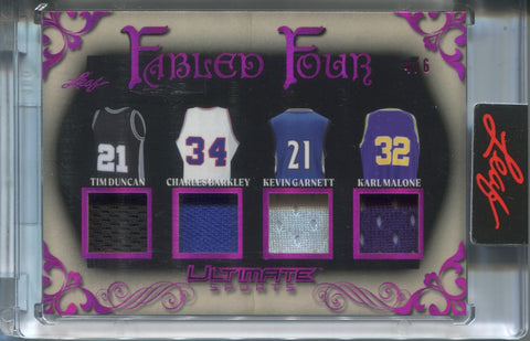 2024 Duncan/Barkley/Garnett/Malone Leaf Ultimate Sports FABLED FOUR QUAD JERSEY 4/6 Spurs/76ers/Timberwolves/Jazz #FF-5