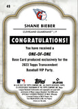 2023 Shane Beiber Topps Transcendent VIP Party 1/1 ONE OF ONE #49 Cleveland Guardians