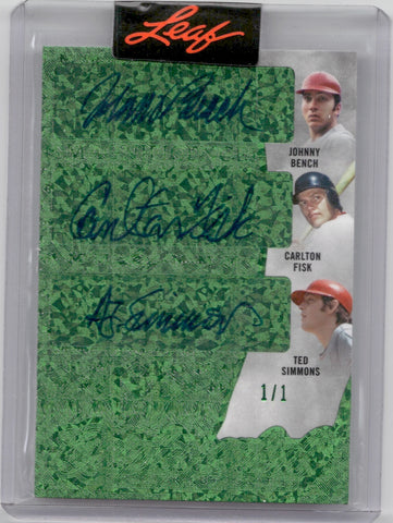 2023 Johnny Bench Carlton Fisk Ted Simmons Yadier Molina Salvador Perez Leaf Magnificence GREEN AUTO 1/1 ONE OF ONE AUTOGRAPH #Q-3 Reds White Sox Cardinals Royals