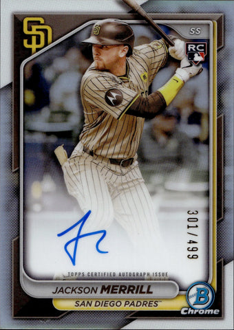 2024 Jackson Merrill Bowman Chrome REFRACTOR ROOKIE AUTO 301/499 AUTOGRAPH RC #CRA-JM San Diego Padres