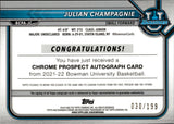 2021-22 Julian Champagnie Bowman University Chrome 1ST BOWMAN SILVER WAVE REFRACTOR AUTO 030/199 AUTOGRAPH #BCPA-JC San Antonio Spurs