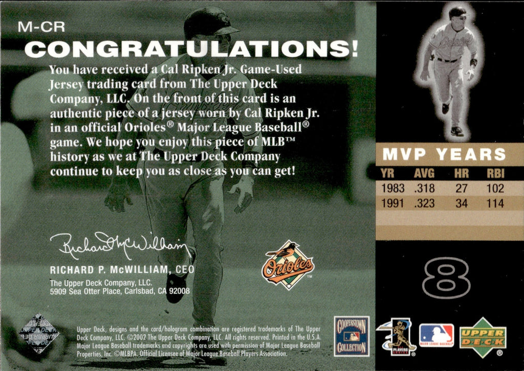 2002 Cal Ripken Jr. Upper Deck Piece of History THE MVP CLUB JERSEY RE