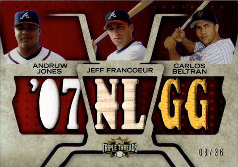 2008 Andruw Jones Carlos Beltran Jeff Francoeur Topps Triple Threads RELIC COMBO BAT JERSEY 3/36 Atlanta Braves New York Mets #TTRC-83