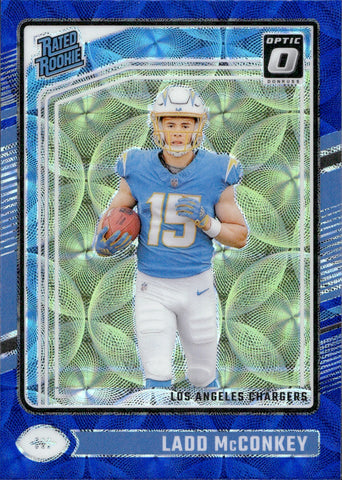 2024 Ladd McConkey Donruss Optic BLUE SCOPE RATED ROOKIE RC #266 Los Angeles Chargers