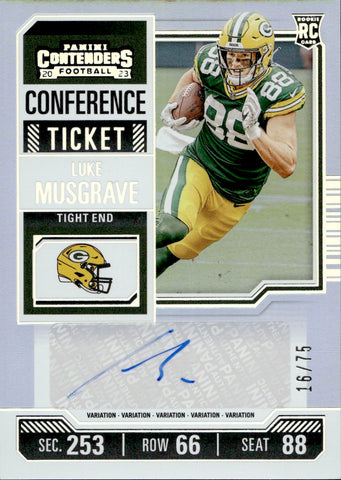 2023 Luke Musgrave Panini Contenders ROOKIE VARIATION CONFERENCE TICKET AUTO 16/75 AUTOGRAPH RC #148 Green Bay Packers