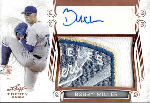 2023 Bobby Miller Leaf Trinity BRONZE LOGO PATCH AUTO 77/99 AUTOGRAPH RELIC #PA-BM1 Los Angeles Dodgers