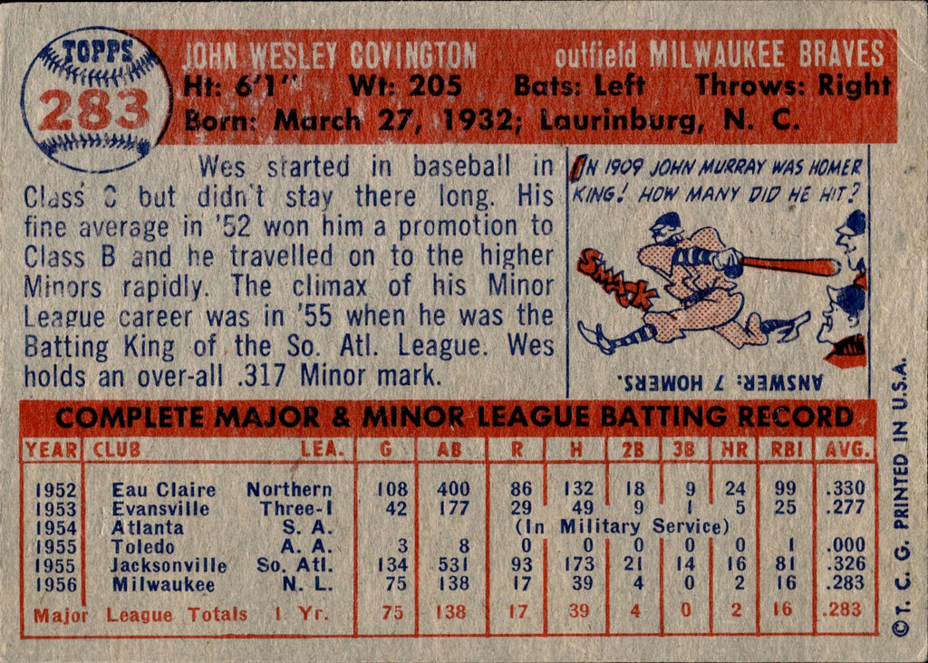 1957 Wes Covington Topps SCARCE SERIES ROOKIE RC #283 Milwaukee Braves