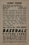 1952 Bobby Young Bowman ROOKIE RC #193 St. Louis Browns BV $15