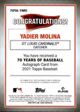 2021 Yadier Molina Topps 70 YEARS OF BASEBALL AUTO AUTOGRAPH #70YA-YMO St. Louis Cardinals