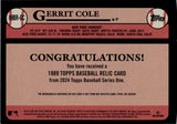 2024 Gerrit Cole Topps Series 1 JERSEY 1989 DESIGN RELIC #89BR-GC New York Yankees
