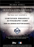 2016 Blake Snell Bowman Inception CERTIFIED PROSPECT AUTO AUTOGRAPH #PA-BS Tampa Bay Rays