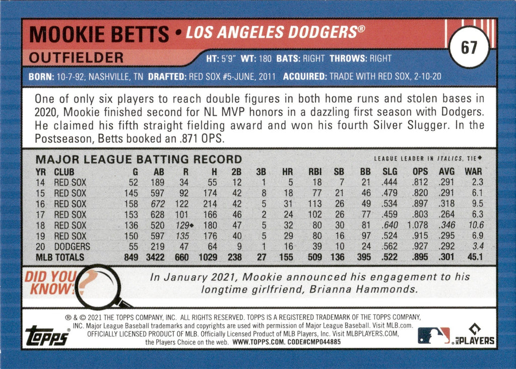 2021 Mookie Betts Topps Big League BLACK & WHITE 45/50 #67 Los Angeles