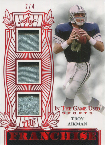 2024 Troy Aikman Leaf In the Game Used RED THE FRANCHISE TRIPLE JERSEY 2/4 RELIC #TR-TA1 Dallas Cowboys HOF