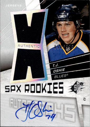 2008-09 T.J. Oshie Upper Deck SPx ROOKIE DUAL JERSEY AUTO 850/999 AUTOGRAPH RELIC RC #158 St. Louis Blues