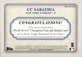 2016 CC Sabathia Topps WORLD CHAMPION COIN AND STAMPS PENNY 46/50 RELIC #WCCS-CS New York Yankees