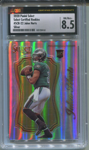 2020 Jalen Hurts Panini Select CERTIFIED HOLO SILVER ROOKIE RC CSG 8.5 #SCR-22 Philadelphia Eagles 4165