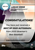 2020 Logan Webb Bowman's Best of 2020 ROOKIE AUTO AUTOGRAPH RC #B20-LW San Francisco Giants 1