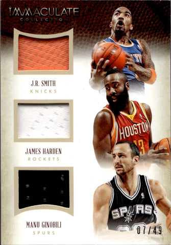 2013-14 James Harden Manu Ginobili J.R. Smith Panini Immaculate TRIOS MATERIALS TRIPLE JERSEY 7/49 Rockets Knicks Spurs #38