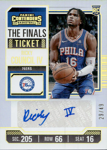 2023-24 Ricky Council IV Panini Contenders ROOKIE FINALS TICKET AUTO 29/49 AUTOGRAPH #159 Philadelphia 76ers