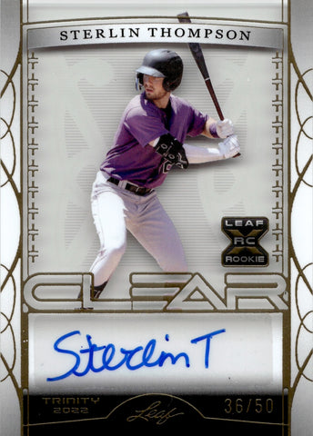 2022 Sterlin Thompson Leaf Trinity CLEAR ROOKIE AUTO 26/50 AUTOGRAPH RC #CA-JDL Colorado Rockies