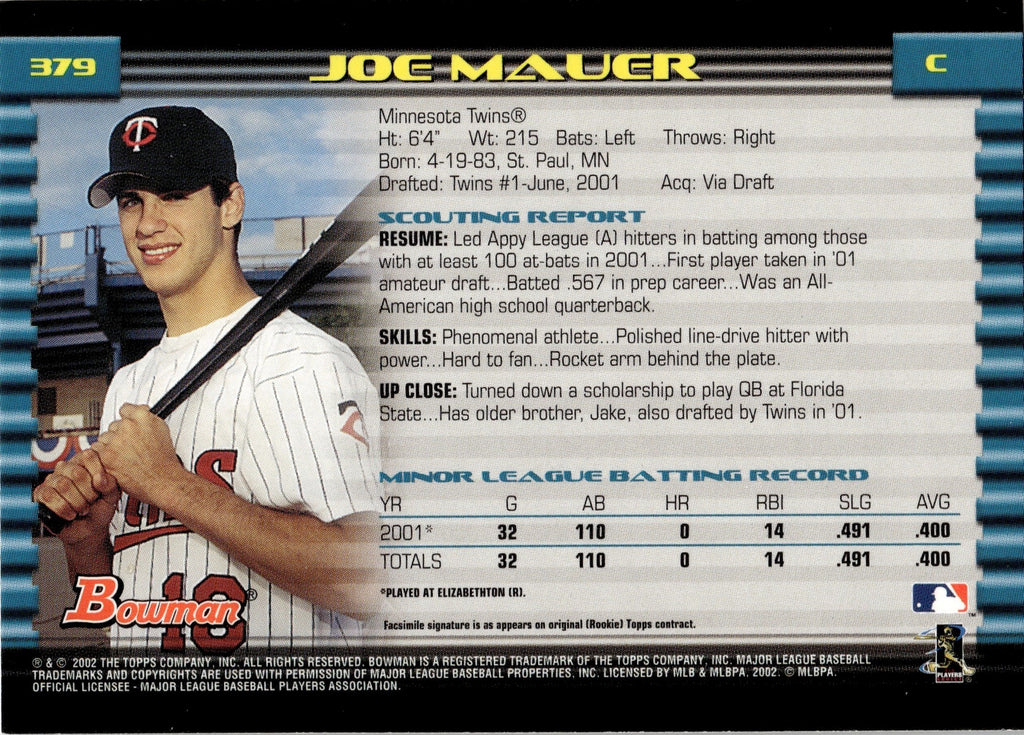 2002 Joe Mauer Bowman ROOKIE RC #379 Minnesota Twins