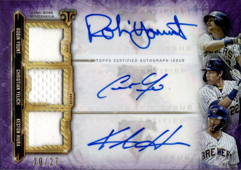 2020 Robin Yount Christian Yelich Keston Hiura Topps Triple Threads AMETHYST TRIPLE JERSEY AUTO 20/27 AUTOGRAPH RELIC #ARC-YYH Milwaukee Brewers