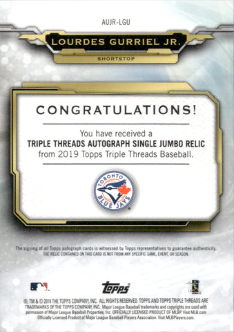 2019 Lourdes Gurriel Jr. Topps Triple Threads JERSEY AUTO 38/99 AUTOGR