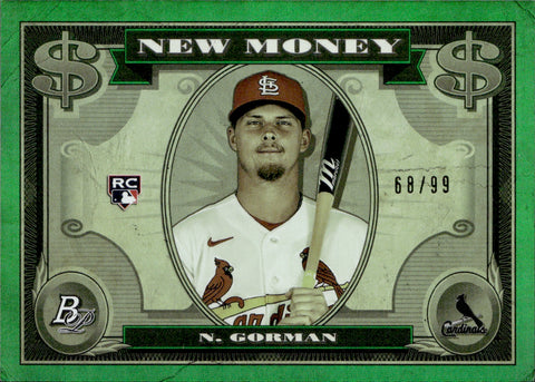 2023 Nolan Gorman Bowman Platinum NEW MONEY GREEN ROOKIE 68/99 RC #NM-6 St. Louis Cardinals