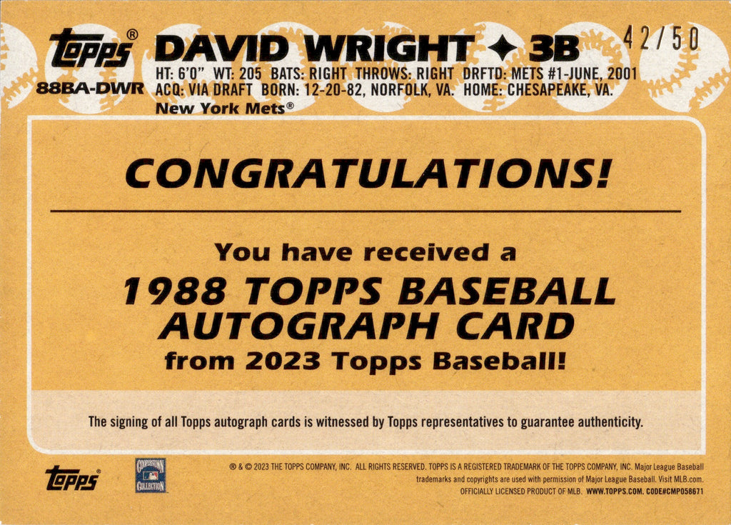 David Wright Autographed Card 2023 Topps '88 Topps #88BA-DWR