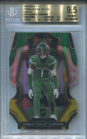 2022 Ahmad "Sauce" Gardner Panini Select PREMIER LEVEL ROOKIE GREEN & YELLOW DIE CUT BGS 9.5 #177 New York Jets 4564