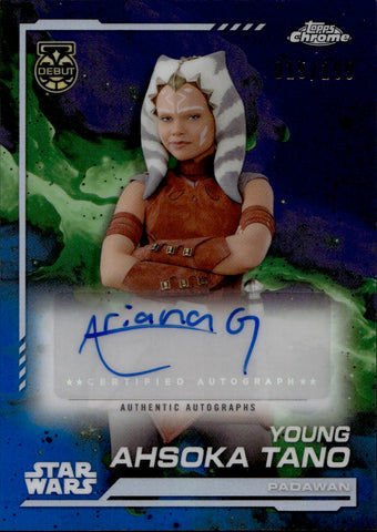 2024 Ariana Greenblatt as Young Ahsoka Tano Topps Chrome Star Wars PURPLE REFRACTOR ROOKIE DEBUT AUTO 015/199 AUTOGRAPH #AU-YAT Ahsoka