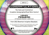 2022 Lioliver Peguero Bowman Inception ROOKIE DUAL JERSEY AUTO 030/200 AUTOGRAPH RELIC RC #IADR-LP Pittsbirgh Pirates
