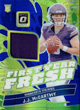 2024 J.J. McCarthy Donruss Optic BLUE HYPER ROOKIE FIRST YEAR FRESH JERSEY RELIC RC #FYF-JMY Minnesota Vikings