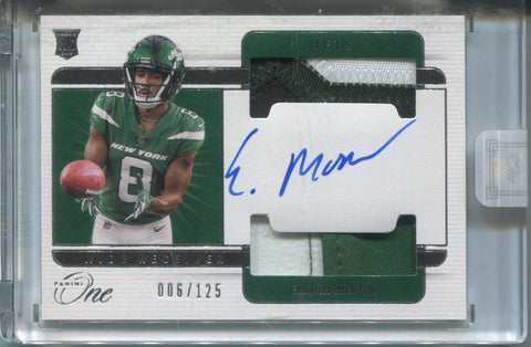 2021 Elijah Moore Panini One ROOKIE DUAL PATCH AUTO 006/125 AUTOGRAPH RELIC RC #44 New York Jets