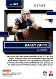 2022 Bailey Zappe Panini Donruss PURPLE RATED ROOKIE 432/500 RC #329 New England Patriots