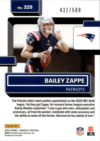 2022 Bailey Zappe Panini Donruss PURPLE RATED ROOKIE 432/500 RC #329 N