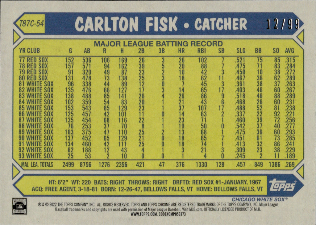 2022 Carlton Fisk Topps Update 1987 CHROME SILVER PACK MOJO GREEN 12/9