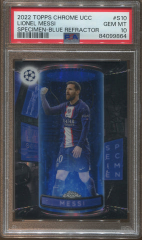 2022-23 Lionel Messi Topps Chrome UCC SPECIMEN BLUE REFRACTOR 17/150 PSA 10 Paris Saint-Germain #S10 9864