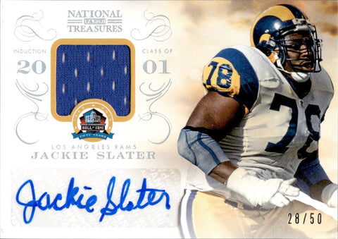 2013 Jackie Slater Panini National Treasures HALL OF FAME JERSEY AUTO 28/50 AUTOGRAPH RELIC #23 Los Angeles Rams HOF