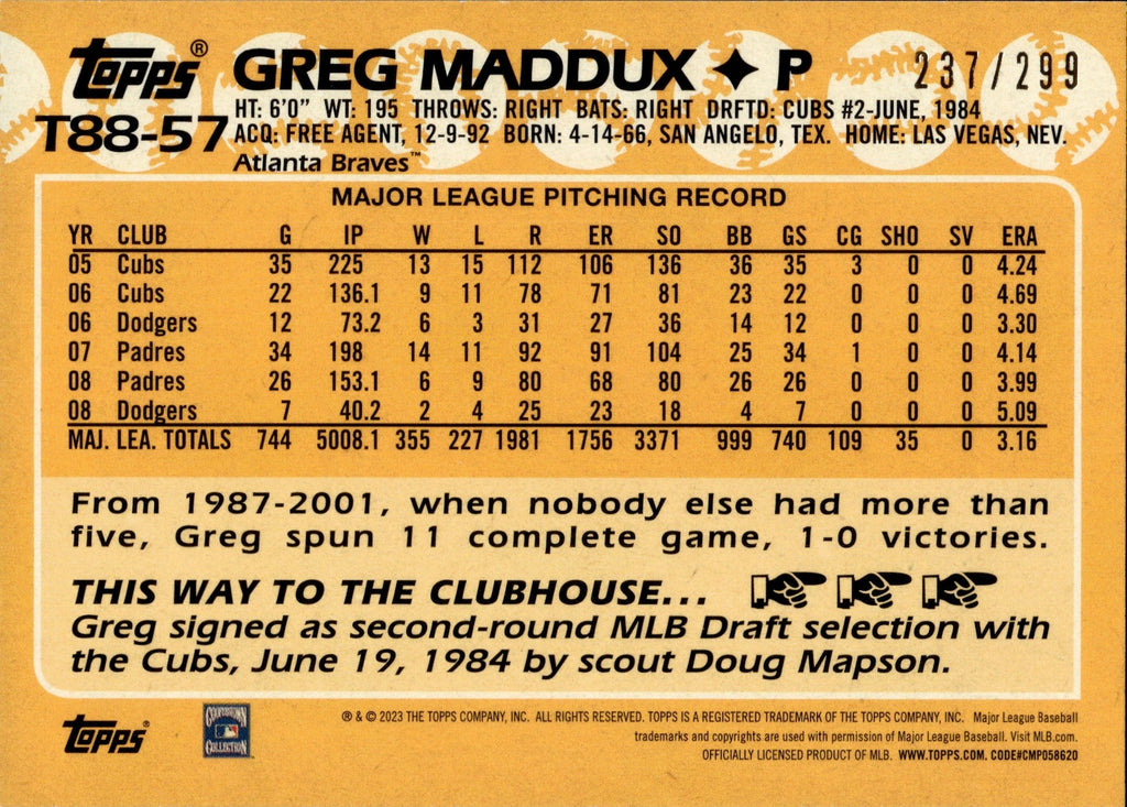 2023 Greg Maddux Topps Series 1 BLACK 1988 DESIGN 237/299 #T88-57 Atla