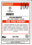 2020-21 Kylian Mbappe Topps Merlin Collection Chrome PURPLE REFRACTOR 081/299 #100 Paris Saint-Germain